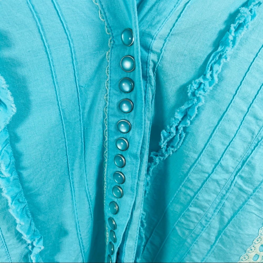 Scully Blue Button Down Ruffle Lace Western Top - Picture 2 of 6